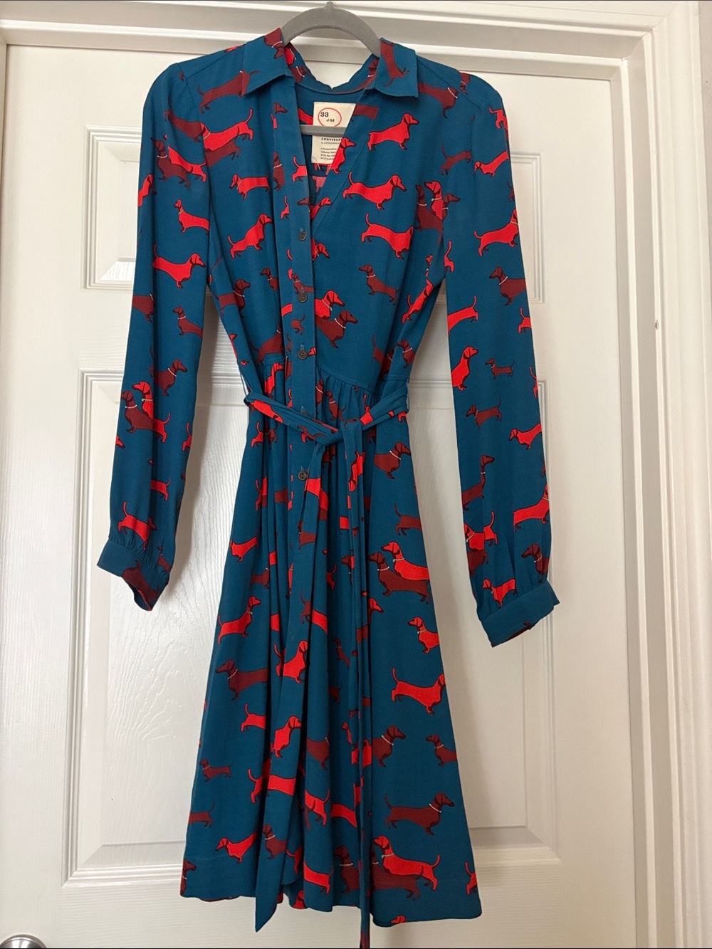 Anthropologie Teal Button-Front Long-Sleeve Dress with Red Dachshund Print
